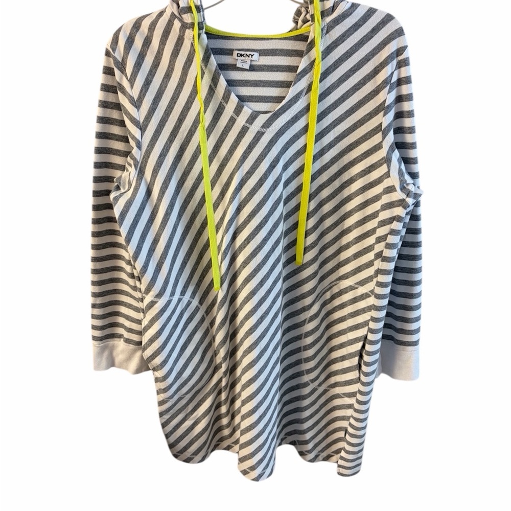 DKNY Gray and White Striped Hooded Dress/cover up with Yellow Highlights